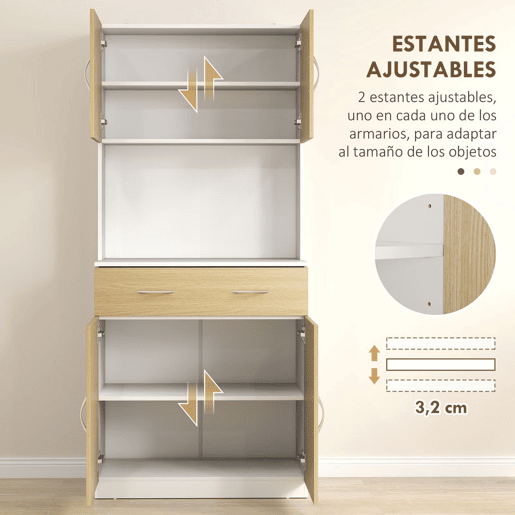 HOMCOM Armário de Cozinha com Gaveta 4 Portas e Prateleiras Interiores Ajustável em Altura Móvel Auxiliar de Armazenamento Moderno para Sala de Jantar Sala de Estar 80x40x180 cm Madeira e Branco