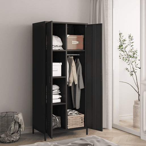 Armário de roupeiro Seinäjoki em aço 180x76x50 cm - Preto mate en.casa