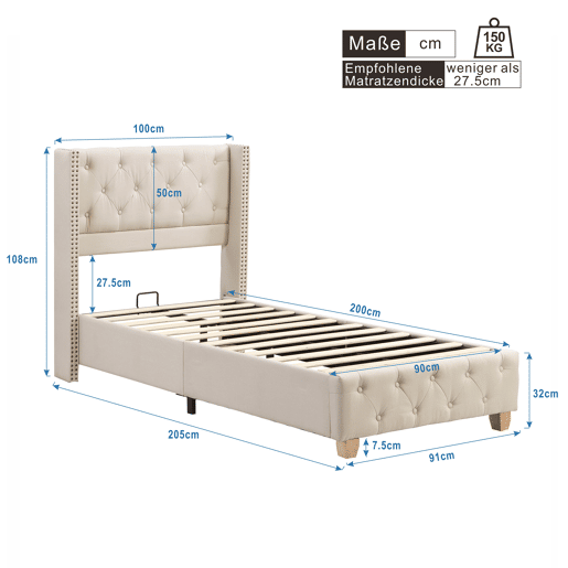 Cama de solteiro de linho 90x200cm,bege Cama de solteiro de linho 90x200cm,bege