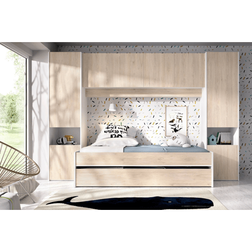 Composição de quarto com efeito madeira