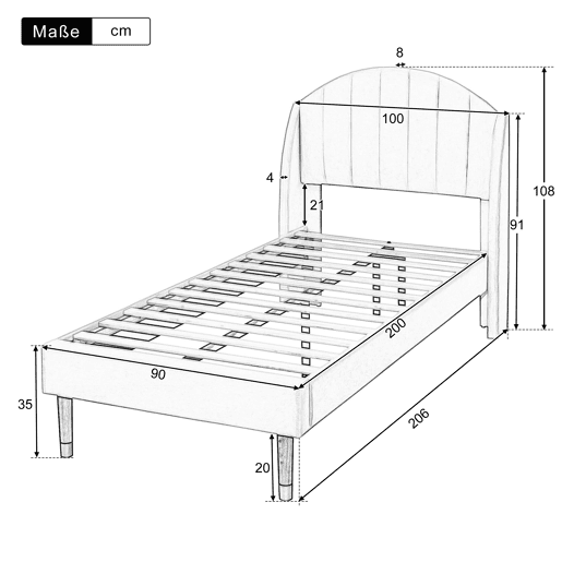 Cama de solteiro de veludo 90x200cm,bege