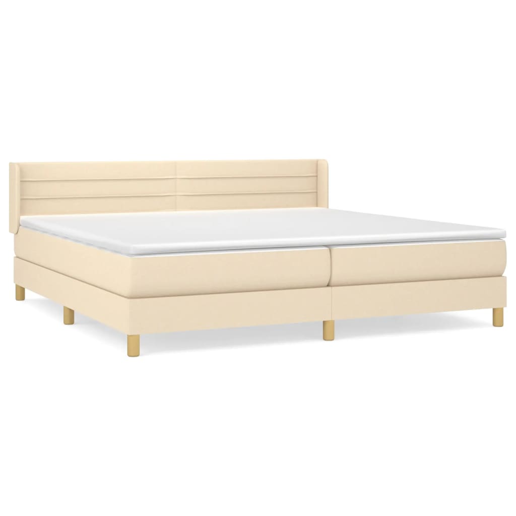 Cama box spring con colchón tela color crema 200x200 cm rayas horizontales