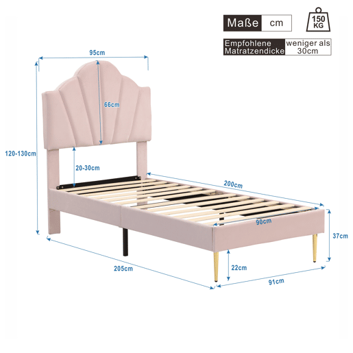 Cama de solteiro de veludo 90x200cm,rosa Cama de solteiro de veludo 90x200cm,rosa