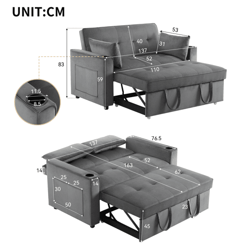 Sofá cama 2 lugares dobrável de veludo,cinzento