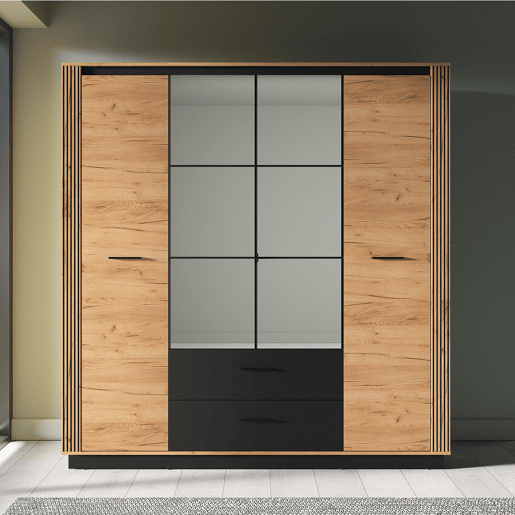 Roupeiro Solal madeira e preto com 4 portas e 2 gavetas