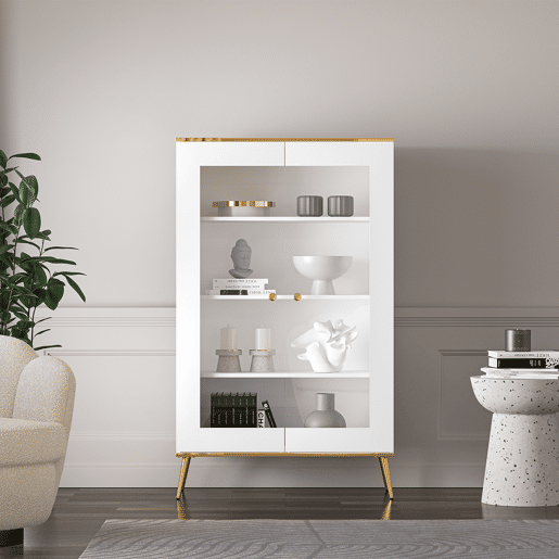 Armário de porcelana de 2 portas Zora branco e dourado