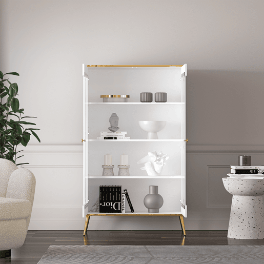 Armário de porcelana de 2 portas Zora branco e dourado