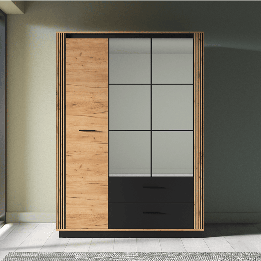 Roupeiro Solal em madeira e preto com 3 portas e 2 gavetas