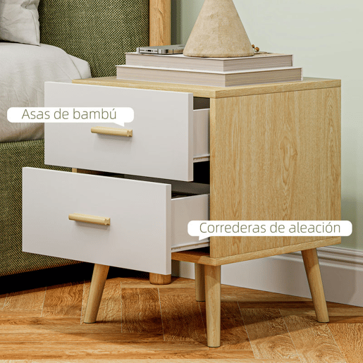 HOMCOM Mesas de Cabeceira de 2 Peças Mesas de Cabeceira para Dormitório com Gavetas e Puxadores de Bambu Mesas Auxiliares para Sala de Estar 40x40x50 cm Madeira