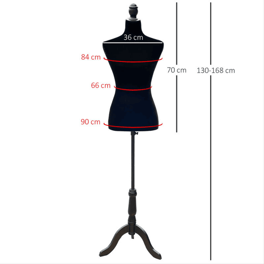 HOMCOM Manequim de Costura Feminino Manequim de Costura Ajustável a 130-168 cm com Tripé de Madeira para Fotografia de Moda Exposição de Roupas Preto