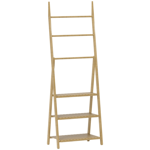 HOMCOM Estante de Casa de Banho em Bambu com 3 Prateleiras, Estante Dobrável com Barras, Estante de Madeira em Forma de A, 53,5x30x153 cm, Natural