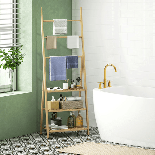HOMCOM Estante de Casa de Banho em Bambu com 3 Prateleiras, Estante Dobrável com Barras, Estante de Madeira em Forma de A, 53,5x30x153 cm, Natural