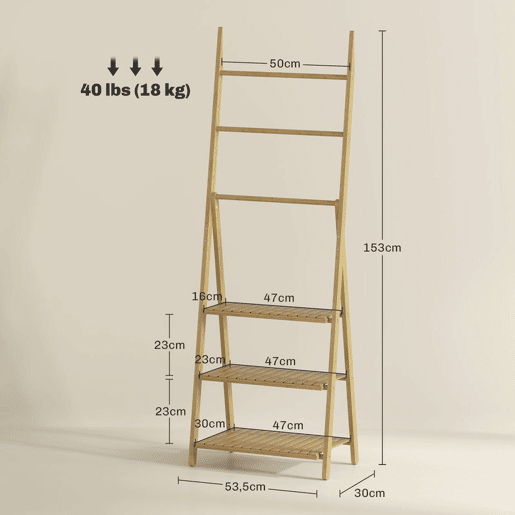 HOMCOM Estante de Casa de Banho em Bambu com 3 Prateleiras, Estante Dobrável com Barras, Estante de Madeira em Forma de A, 53,5x30x153 cm, Natural