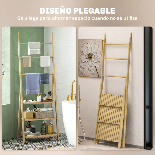 HOMCOM Estante de Casa de Banho em Bambu com 3 Prateleiras, Estante Dobrável com Barras, Estante de Madeira em Forma de A, 53,5x30x153 cm, Natural