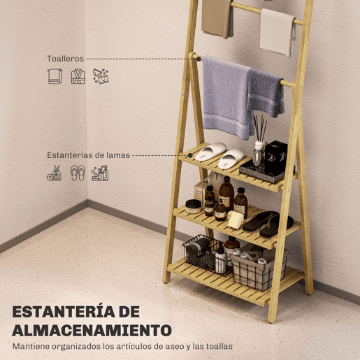 HOMCOM Estante de Casa de Banho em Bambu com 3 Prateleiras, Estante Dobrável com Barras, Estante de Madeira em Forma de A, 53,5x30x153 cm, Natural