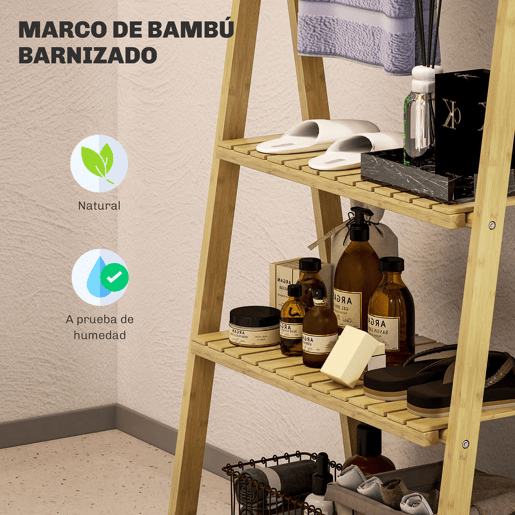 HOMCOM Estante de Casa de Banho em Bambu com 3 Prateleiras, Estante Dobrável com Barras, Estante de Madeira em Forma de A, 53,5x30x153 cm, Natural