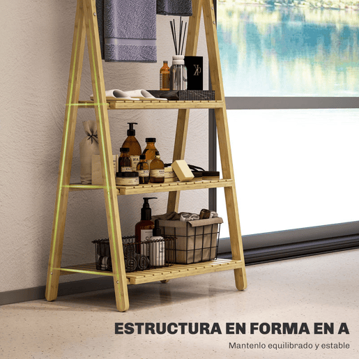 HOMCOM Estante de Casa de Banho em Bambu com 3 Prateleiras, Estante Dobrável com Barras, Estante de Madeira em Forma de A, 53,5x30x153 cm, Natural