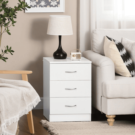 HOMCOM Mesa de Cabeceira Moderna Mesa de Cabeceira com 3 Gavetas e Puxadores de Alumínio para Dormitório 40x35x58 cm Branco