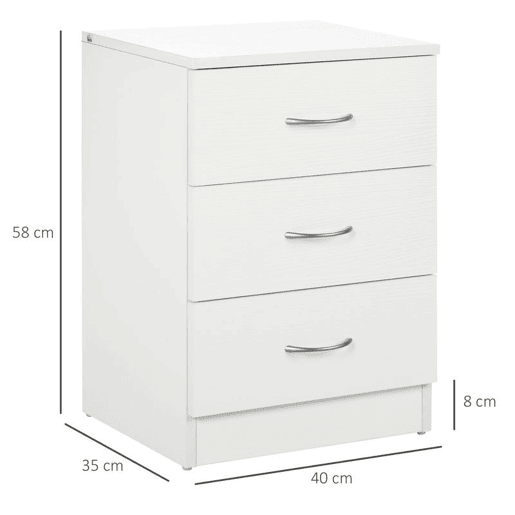 HOMCOM Mesa de Cabeceira Moderna Mesa de Cabeceira com 3 Gavetas e Puxadores de Alumínio para Dormitório 40x35x58 cm Branco