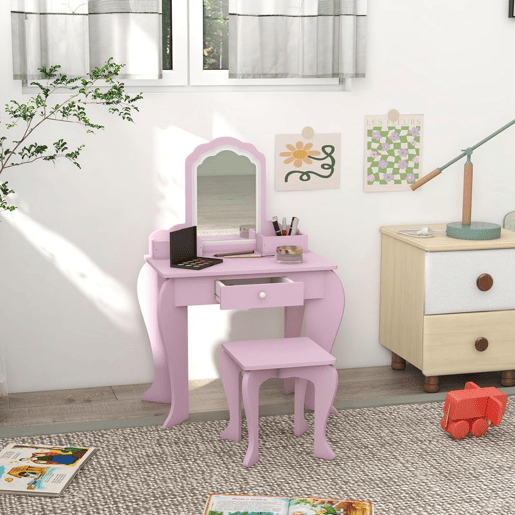 ZONEKIZ Toucador Infantil para Meninas e Meninos acima de 3 Anos Toucador de Maquilhagem com Banco e Espelho Toucador para Meninas com Gaveta e Caixas de Arrumação em Forma de Nuvem Rosa