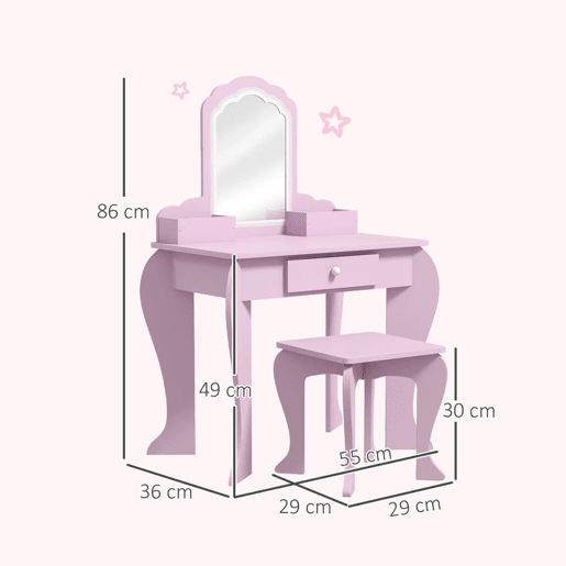 ZONEKIZ Toucador Infantil para Meninas e Meninos acima de 3 Anos Toucador de Maquilhagem com Banco e Espelho Toucador para Meninas com Gaveta e Caixas de Arrumação em Forma de Nuvem Rosa