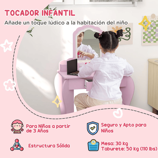 ZONEKIZ Toucador Infantil para Meninas e Meninos acima de 3 Anos Toucador de Maquilhagem com Banco e Espelho Toucador para Meninas com Gaveta e Caixas de Arrumação em Forma de Nuvem Rosa