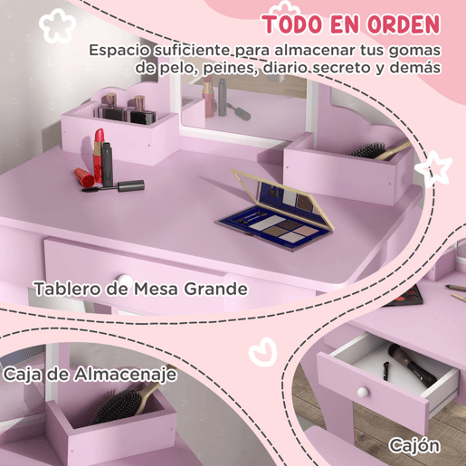 ZONEKIZ Toucador Infantil para Meninas e Meninos acima de 3 Anos Toucador de Maquilhagem com Banco e Espelho Toucador para Meninas com Gaveta e Caixas de Arrumação em Forma de Nuvem Rosa