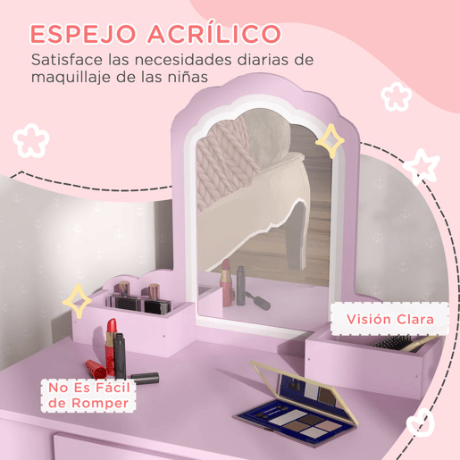 ZONEKIZ Toucador Infantil para Meninas e Meninos acima de 3 Anos Toucador de Maquilhagem com Banco e Espelho Toucador para Meninas com Gaveta e Caixas de Arrumação em Forma de Nuvem Rosa