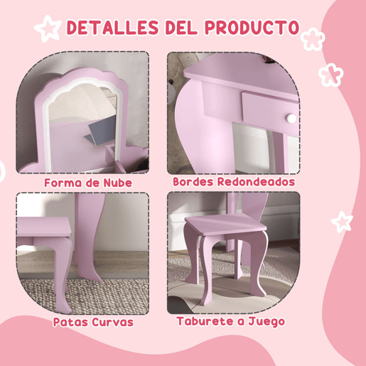 ZONEKIZ Toucador Infantil para Meninas e Meninos acima de 3 Anos Toucador de Maquilhagem com Banco e Espelho Toucador para Meninas com Gaveta e Caixas de Arrumação em Forma de Nuvem Rosa