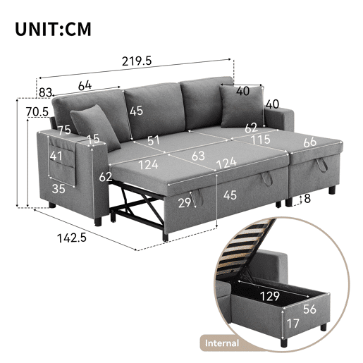 Chaise longue reversível conversível em cama de linho,cinza escuro Chaise longue reversível conversível em cama de linho,cinza escuro