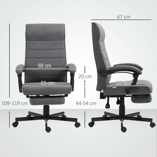 Vinsetto Cadeira de Escritório Giratória Cadeira de Escritório Reclinável com Altura Ajustável Apoio para os Braços Apoio para os Pés Retrátil para Sala de Estar Escritório Estúdio Carga 20kg 68x67x106-114 cm Cinza