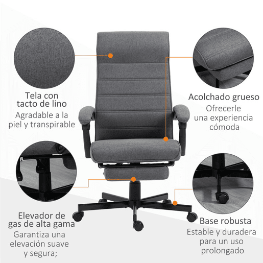 Vinsetto Cadeira de Escritório Giratória Cadeira de Escritório Reclinável com Altura Ajustável Apoio para os Braços Apoio para os Pés Retrátil para Sala de Estar Escritório Estúdio Carga 20kg 68x67x106-114 cm Cinza