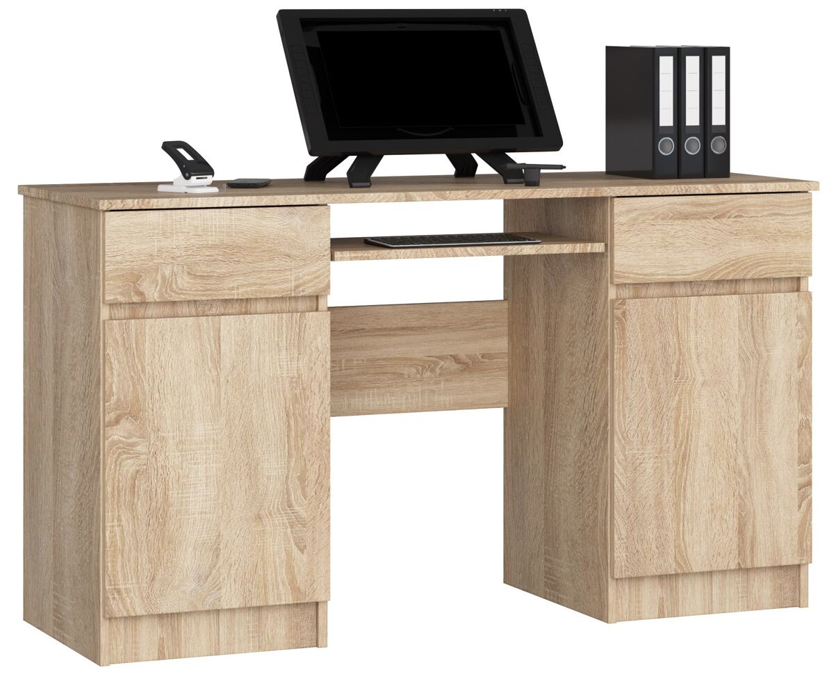 Escritorio de ordenador akord a5 roble sonoma 135 cm 2 puertas 2 cajones frente en color roble sonoma 5 estantes 135x50x77 cm