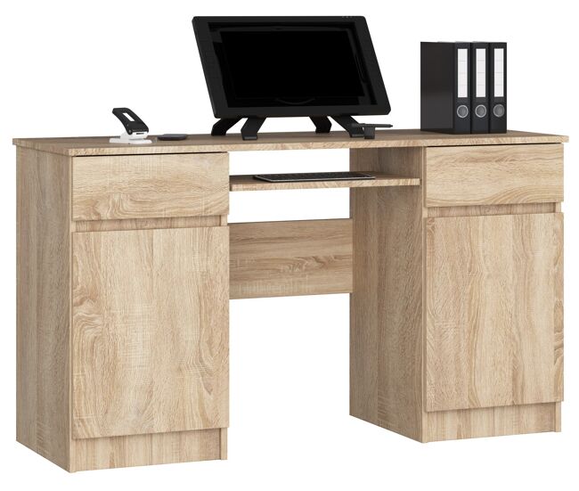 Escritorio de ordenador akord a5 roble sonoma 135 cm 2 puertas 2 cajones frente en color roble sonoma 5 estantes 135x50x77 cm