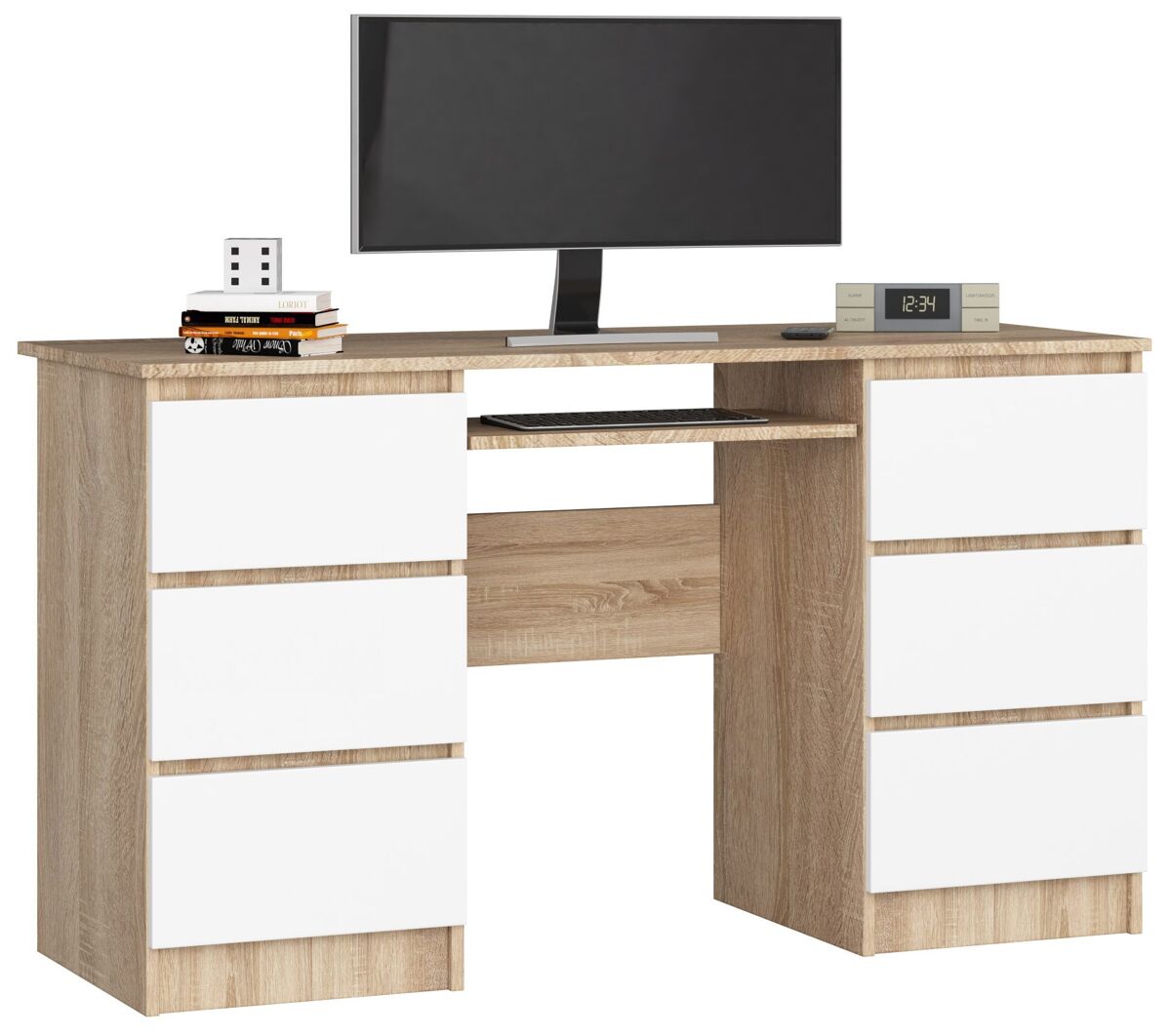 Escritorio de ordenador akord a11 roble sonoma 135 cm 6 cajones frente en color blanco 135x50x77 cm