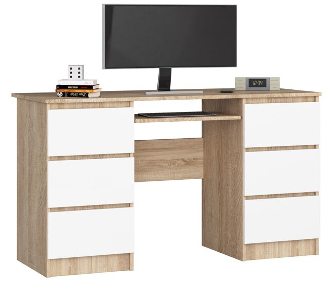 Escritorio de ordenador akord a11 roble sonoma 135 cm 6 cajones frente en color blanco 135x50x77 cm