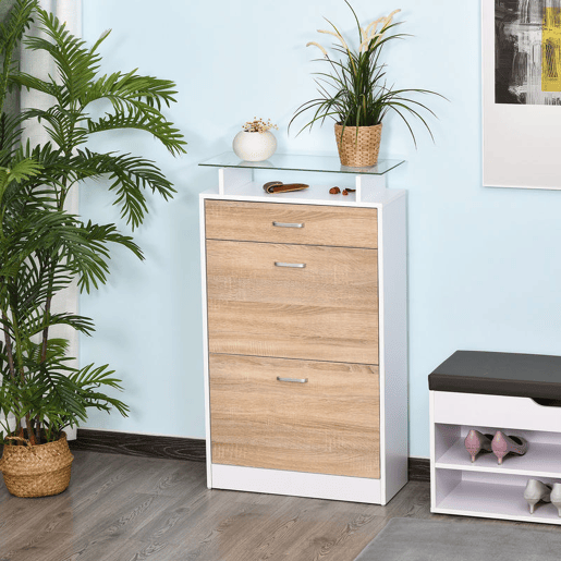 HOMCOM Móvel Sapateira de 2 Portas Sapateira Estreita para 12 Pares de Sapatos com Gaveta Prateleira Aberta e Bancada de Vidro para Corredor Entrada Carga Máx. 50kg 60x24x105,5cm Branco HOMCOM Móvel Sapateira de 2 Portas Sapateira Estreita para 12 Pares de Sapatos com Gaveta Prateleira Aberta e Bancada de Vidro para Corredor Entrada Carga Máx. 50kg 60x24x105,5cm Branco