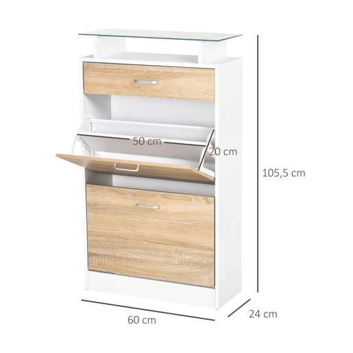 HOMCOM Móvel Sapateira de 2 Portas Sapateira Estreita para 12 Pares de Sapatos com Gaveta Prateleira Aberta e Bancada de Vidro para Corredor Entrada Carga Máx. 50kg 60x24x105,5cm Branco HOMCOM Móvel Sapateira de 2 Portas Sapateira Estreita para 12 Pares de Sapatos com Gaveta Prateleira Aberta e Bancada de Vidro para Corredor Entrada Carga Máx. 50kg 60x24x105,5cm Branco