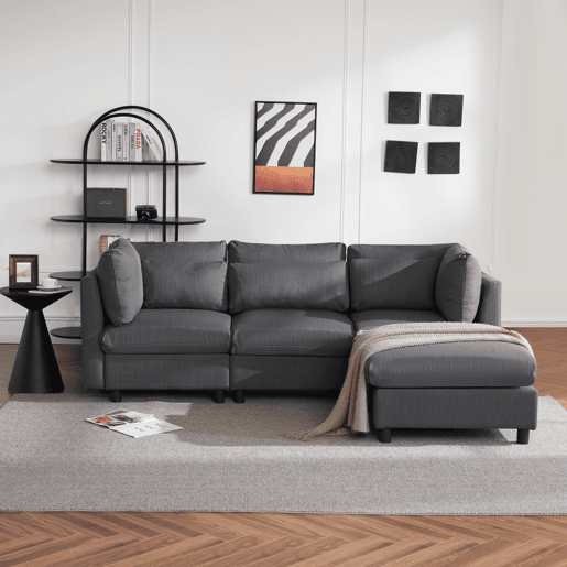 Sofá modular de linho com sofá 3 lugares e banco de apoio,cinzento