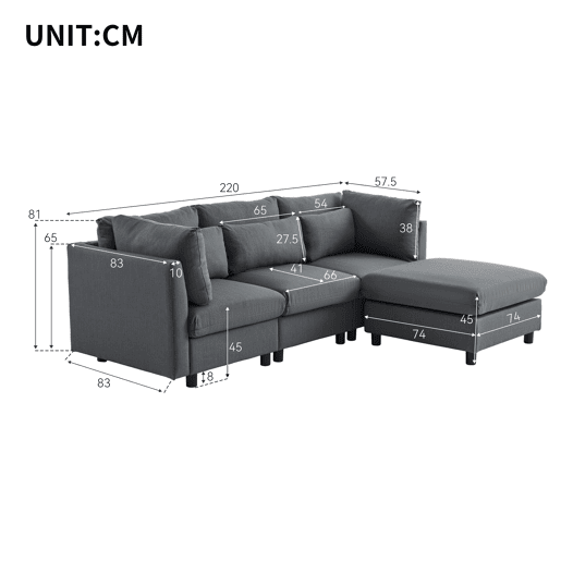 Sofá modular de linho com sofá 3 lugares e banco de apoio,cinzento