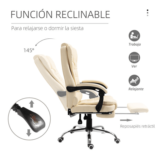 HOMCOM Cadeira de Escritório Reclinável Cadeira de Escritório com Apoio para os Pés Cadeira Executiva Giratória com Altura Ajustável Estofada em PU e Apoio para os Braços 64,5x69x109-117 cm Creme