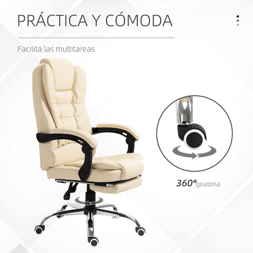 HOMCOM Cadeira de Escritório Reclinável Cadeira de Escritório com Apoio para os Pés Cadeira Executiva Giratória com Altura Ajustável Estofada em PU e Apoio para os Braços 64,5x69x109-117 cm Creme