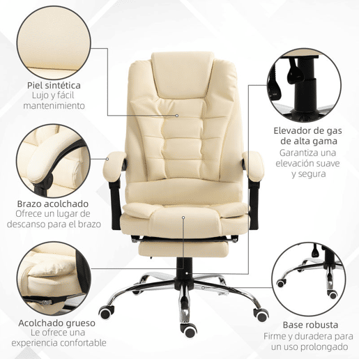 HOMCOM Cadeira de Escritório Reclinável Cadeira de Escritório com Apoio para os Pés Cadeira Executiva Giratória com Altura Ajustável Estofada em PU e Apoio para os Braços 64,5x69x109-117 cm Creme