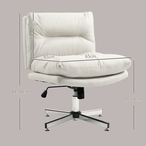 HOMCOM Cadeira de Escritório sem Apoio para os Braços Cadeira de Escritório com Altura Ajustável Função Basculante Base Cruzada e Assento Amplo Cadeira para Estúdio 65x65x84-94 cm Cinza Claro