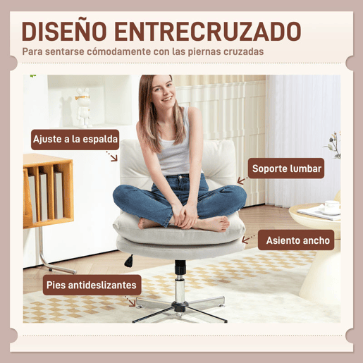 HOMCOM Cadeira de Escritório sem Apoio para os Braços Cadeira de Escritório com Altura Ajustável Função Basculante Base Cruzada e Assento Amplo Cadeira para Estúdio 65x65x84-94 cm Cinza Claro