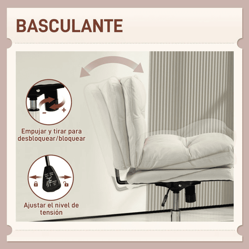 HOMCOM Cadeira de Escritório sem Apoio para os Braços Cadeira de Escritório com Altura Ajustável Função Basculante Base Cruzada e Assento Amplo Cadeira para Estúdio 65x65x84-94 cm Cinza Claro
