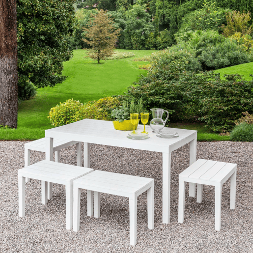 Conjunto Lounge Externo Dmascar, Composição de Jardim com 1 Mesa Retangular e 4 Bancos, Lounge Interno e Externo da Pic Nic, 100% Fabricado na Itália, Branco