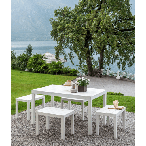 Conjunto Lounge Externo Dmascar, Composição de Jardim com 1 Mesa Retangular e 4 Bancos, Lounge Interno e Externo da Pic Nic, 100% Fabricado na Itália, Branco
