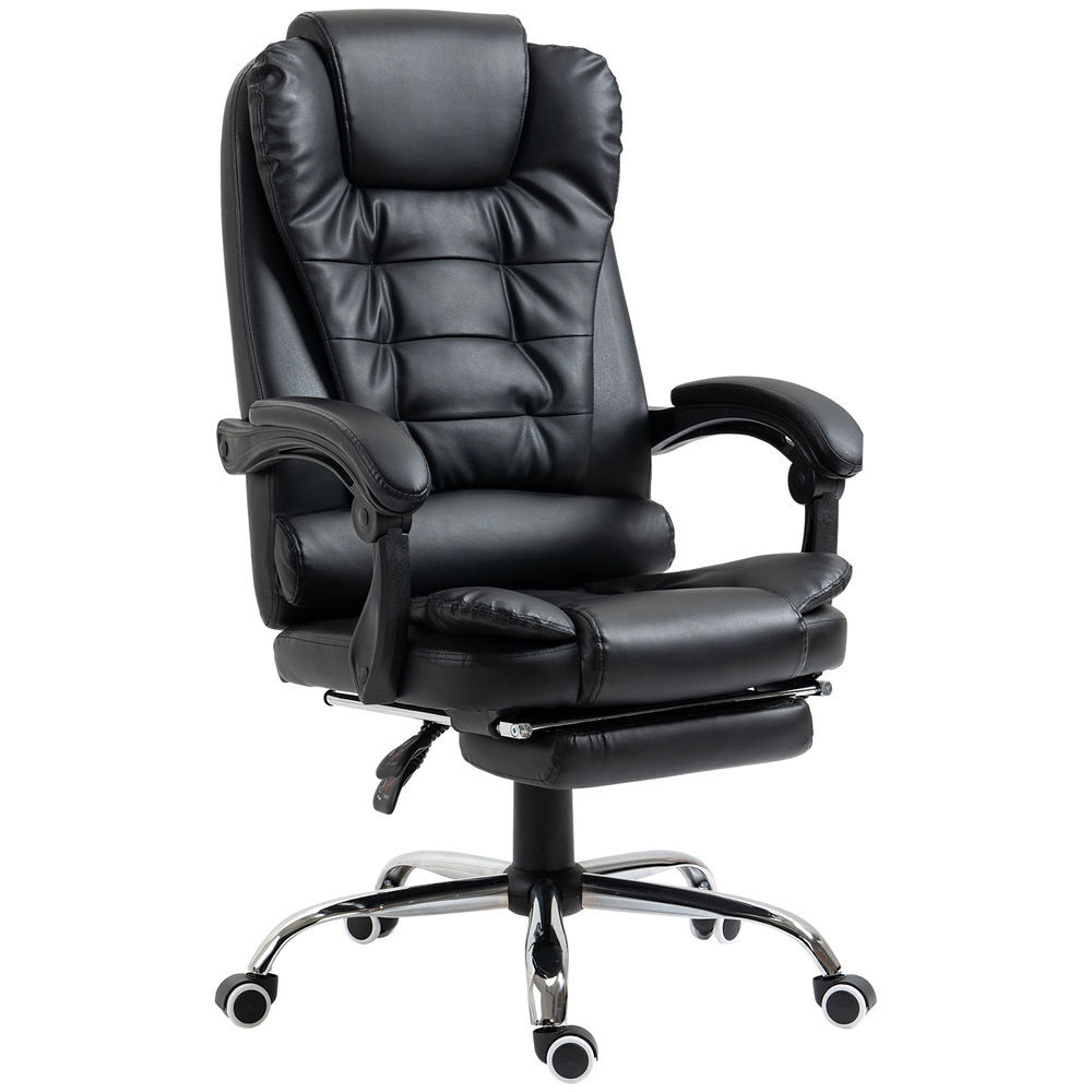 Homcom silla de oficina reclinable silla de escritorio con reposapiés silla ejecutiva giratoria con altura ajustable tapizada en pu y reposabrazos para estudio negro