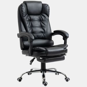 HOMCOM Cadeira de Escritório Reclinável Cadeira de Escritório com Apoio para os Pés Cadeira Executiva Giratória com Altura Ajustável Estofada em PU e Apoio para os Braços 64,5x69x109-117 cm Preto